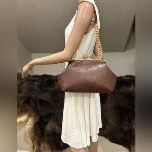 Retro Style Embossed Cowhide Handmade Extra Large Kisslock Frame Bag